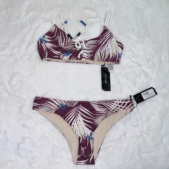 TAVIK REIGN Swim Top PRINT LATONA PALM MERLOT & ALI Moderate Swim Bottom Size Sm - Picture 3 of 11